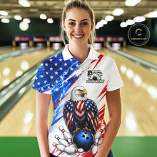 Load image into Gallery viewer, Woman wearing a patriotic bowling shirt with an eagle design in a bowling alley.