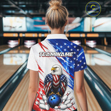 Load image into Gallery viewer, Person wearing a bowling shirt with American flag design and eagle in a bowling alley.