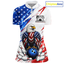 Load image into Gallery viewer, Bowling shirt with American flag design and eagle holding a bowling ball, branded 'ChipteeAmz'.