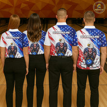 Load image into Gallery viewer, Four people wearing bowling shirts with eagle and American flag design on a bowling alley.