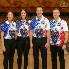 Load image into Gallery viewer, Four people wearing matching patriotic bowling shirts in a bowling alley.