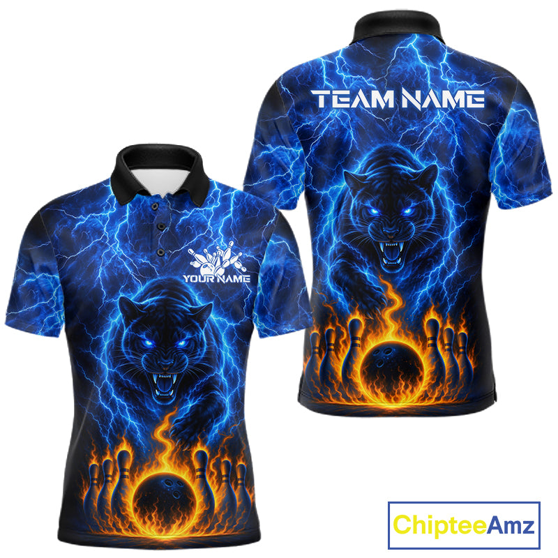 Custom Blue Flame Panther Bowling Team Shirts for Men Bowling League Shirts Polo & 1/4 Zip HNT631