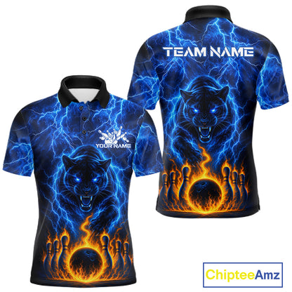 Custom Blue Flame Panther Bowling Team Shirts for Men Bowling League Shirts Polo & 1/4 Zip HNT631