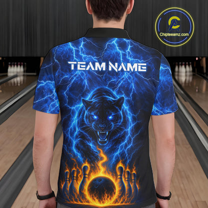 Custom Blue Flame Panther Bowling Team Shirts for Men Bowling League Shirts Polo & 1/4 Zip HNT631