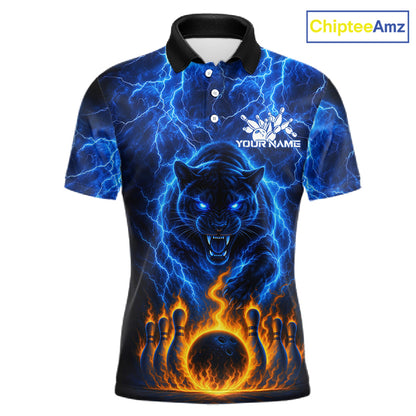 Custom Blue Flame Panther Bowling Team Shirts for Men Bowling League Shirts Polo & 1/4 Zip HNT631