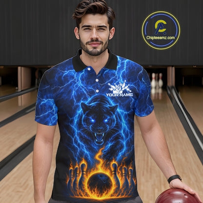 Custom Blue Flame Panther Bowling Team Shirts for Men Bowling League Shirts Polo & 1/4 Zip HNT631