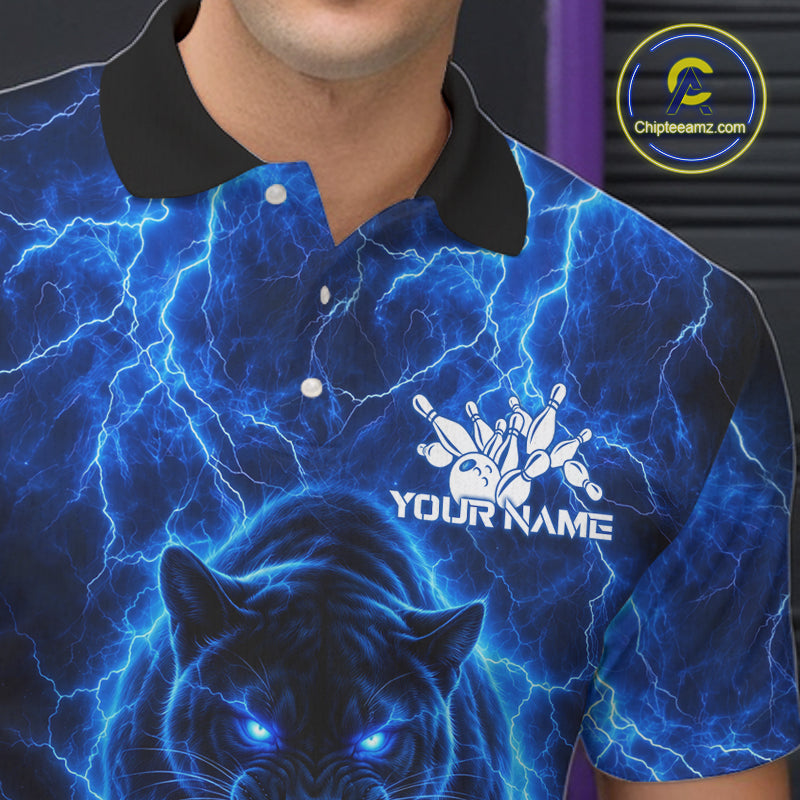 Custom Blue Flame Panther Bowling Team Shirts for Men Bowling League Shirts Polo & 1/4 Zip HNT631