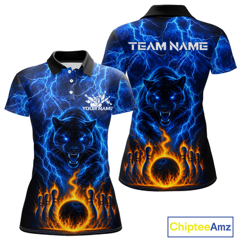 Custom Blue Flame Panther Bowling Team Shirts for Women Bowling League Shirts Polo & 1/4 Zip HNT631