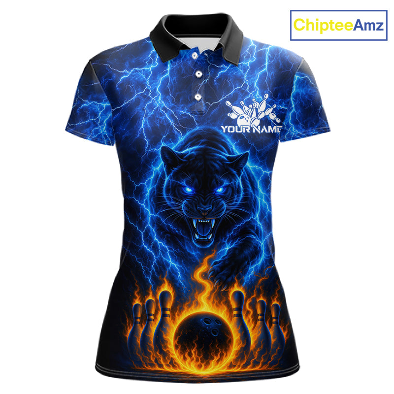 Custom Blue Flame Panther Bowling Team Shirts for Women Bowling League Shirts Polo & 1/4 Zip HNT631