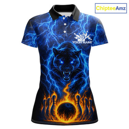Custom Blue Flame Panther Bowling Team Shirts for Women Bowling League Shirts Polo & 1/4 Zip HNT631