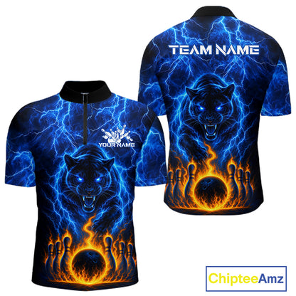 Custom Blue Flame Panther Bowling Team Shirts for Men Bowling League Shirts Polo & 1/4 Zip HNT631