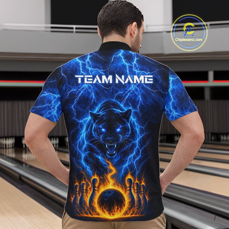 Custom Blue Flame Panther Bowling Team Shirts for Men Bowling League Shirts Polo & 1/4 Zip HNT631