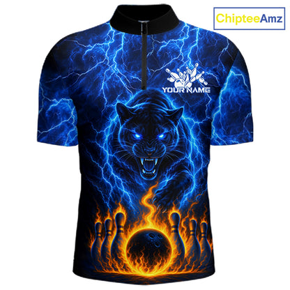 Custom Blue Flame Panther Bowling Team Shirts for Men Bowling League Shirts Polo & 1/4 Zip HNT631