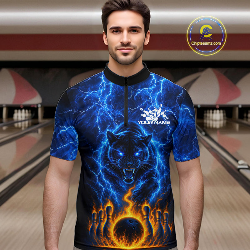 Custom Blue Flame Panther Bowling Team Shirts for Men Bowling League Shirts Polo & 1/4 Zip HNT631