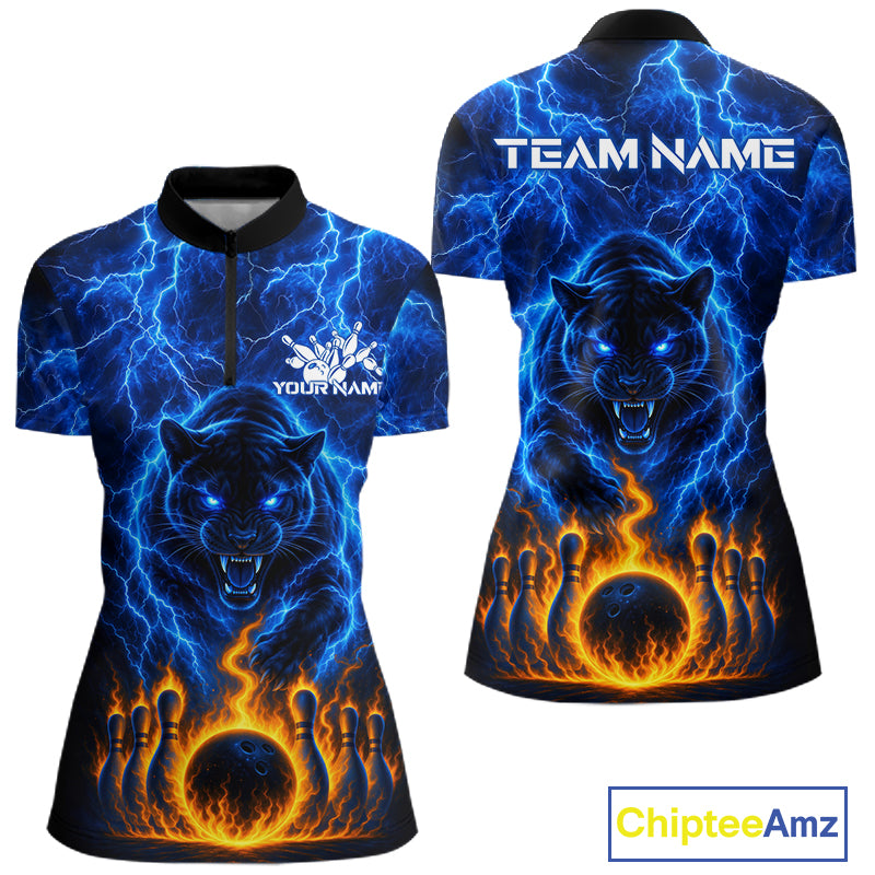 Custom Blue Flame Panther Bowling Team Shirts for Women Bowling League Shirts Polo & 1/4 Zip HNT631