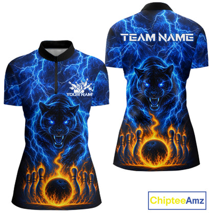 Custom Blue Flame Panther Bowling Team Shirts for Women Bowling League Shirts Polo & 1/4 Zip HNT631