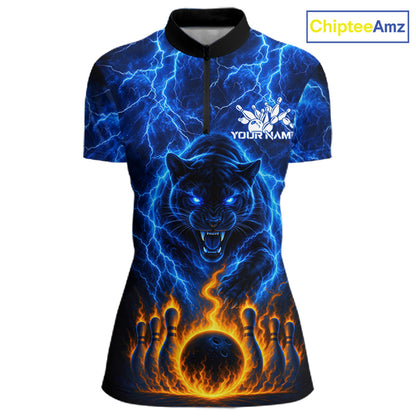 Custom Blue Flame Panther Bowling Team Shirts for Women Bowling League Shirts Polo & 1/4 Zip HNT631