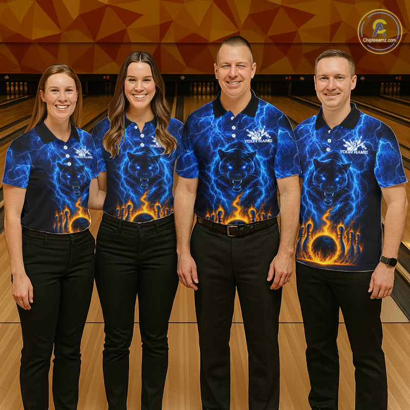 Custom Blue Flame Panther Bowling Team Shirts for Men Bowling League Shirts Polo & 1/4 Zip HNT631