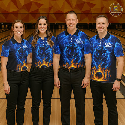 Custom Blue Flame Panther Bowling Team Shirts for Men Bowling League Shirts Polo & 1/4 Zip HNT631