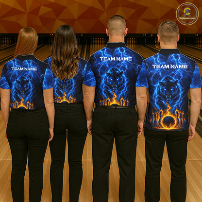 Custom Blue Flame Panther Bowling Team Shirts for Men Bowling League Shirts Polo & 1/4 Zip HNT631
