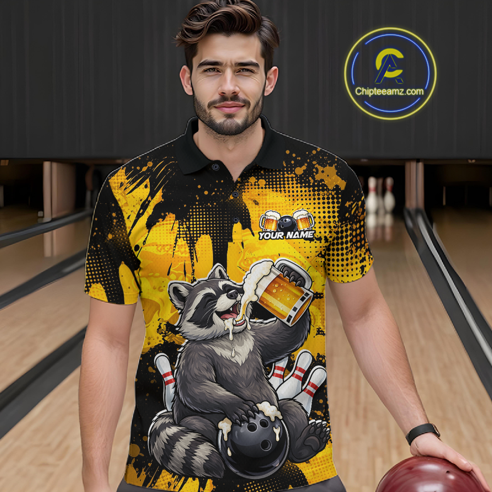 Custom Beer Raccoon Bowling Jersey for Men Bowling Polo & 1/4 Zip Bowling Team Shirts HNT270