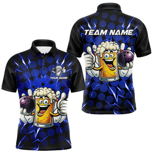 Custom Blue Funny Beer Bowling Jersey for Men Bowling Team Shirts Polo & 1/4 Zip HNT187