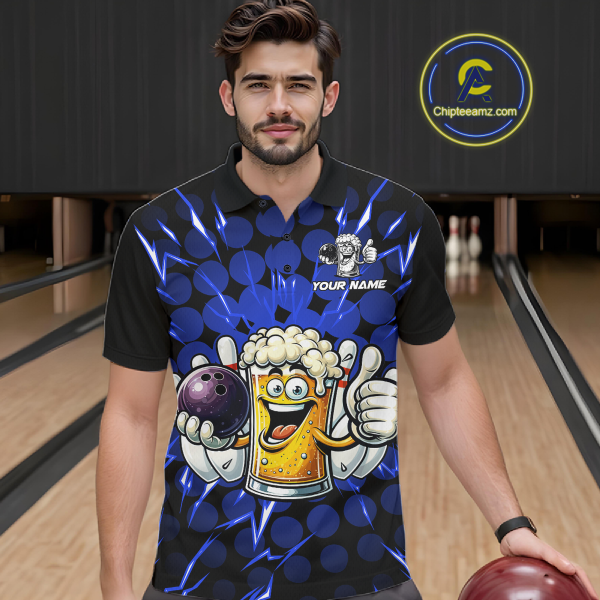 Custom Blue Funny Beer Bowling Jersey for Men Bowling Team Shirts Polo & 1/4 Zip HNT187