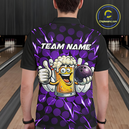 Custom Purple Funny Beer Bowling Jersey for Men Bowling Team Shirts Polo & 1/4 Zip HNT187