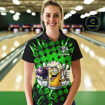 Custom Green Funny Beer Bowling Jersey for Women Bowling Team Shirts Polo & 1/4 Zip HNT187