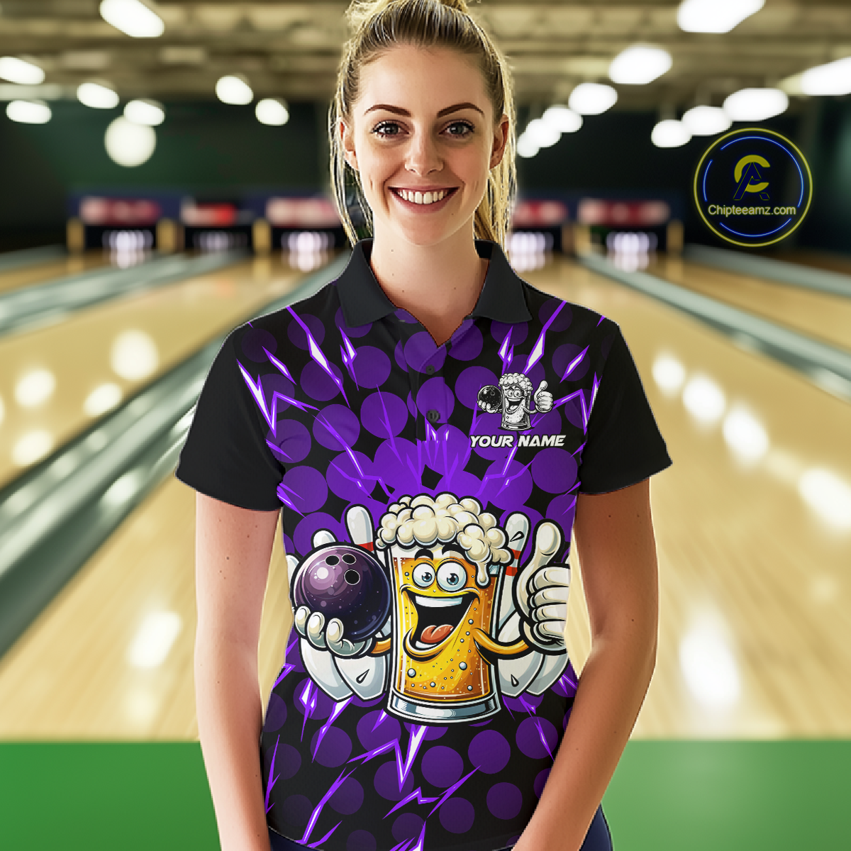 Custom Purple Funny Beer Bowling Jersey for Women Bowling Team Shirts Polo & 1/4 Zip HNT187