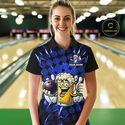 Custom Blue Funny Beer Bowling Jersey for Women Bowling Team Shirts Polo & 1/4 Zip HNT187