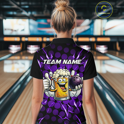 Custom Purple Funny Beer Bowling Jersey for Women Bowling Team Shirts Polo & 1/4 Zip HNT187