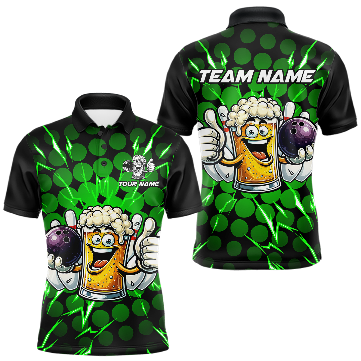 Custom Green Funny Beer Bowling Jersey for Men Bowling Team Shirts Polo & 1/4 Zip HNT187