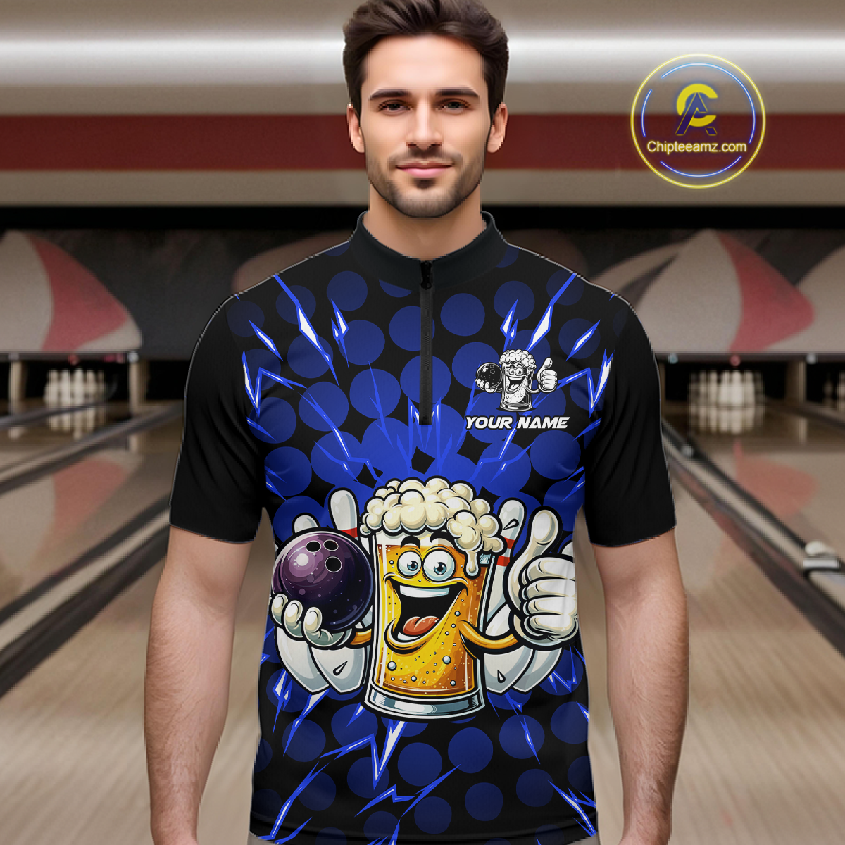 Custom Blue Funny Beer Bowling Jersey for Men Bowling Team Shirts Polo & 1/4 Zip HNT187