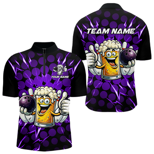 Custom Purple Funny Beer Bowling Jersey for Men Bowling Team Shirts Polo & 1/4 Zip HNT187
