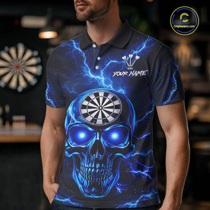 Custom Blue Lightning Thunder Skull Dart Shirts For Men Darts Team Jerseys Polo & 1/4 Zip NNT135