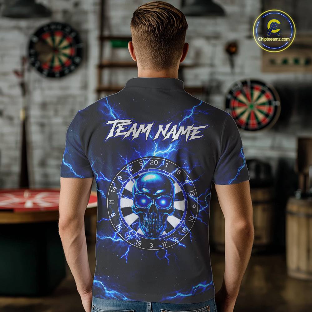 Custom Blue Lightning Thunder Skull Dart Shirts For Men Darts Team Jerseys Polo & 1/4 Zip NNT135