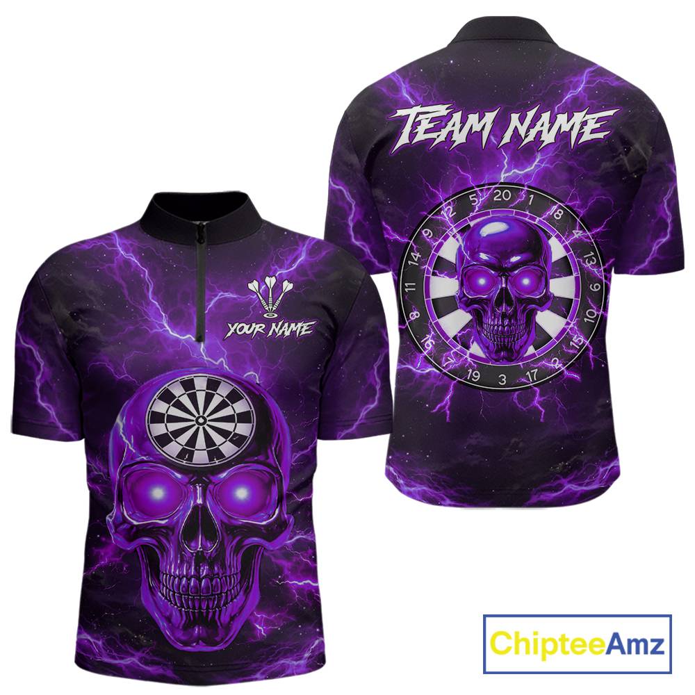 Custom Purple Lightning Thunder Skull Dart Shirts For Men Darts Team Jerseys Polo & 1/4 Zip NNT135