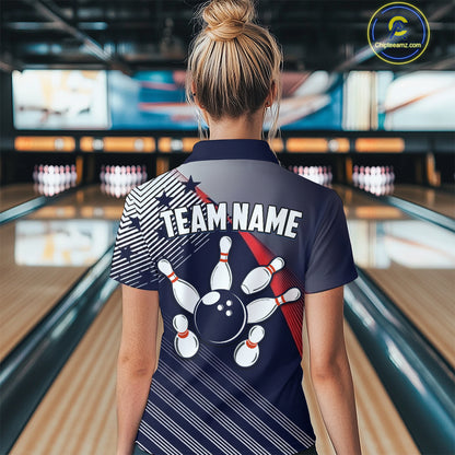 Custom US Flag Bowling Jersey for Women Bowling Team Shirts Bowling Uniform Polo & 1/4 Zip HNT165