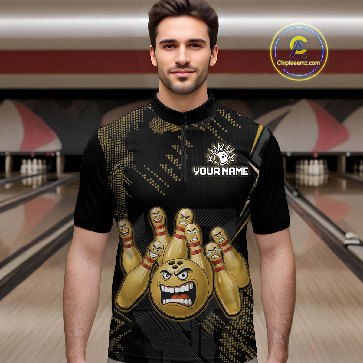 Custom Black and Gold Funny Bowling Jersey for Men Bowling Team Shirts Polo & 1/4 Zip HNT177