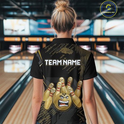 Custom Black and Gold Funny Bowling Jersey for Women Bowling Team Shirts Polo & 1/4 Zip HNT177