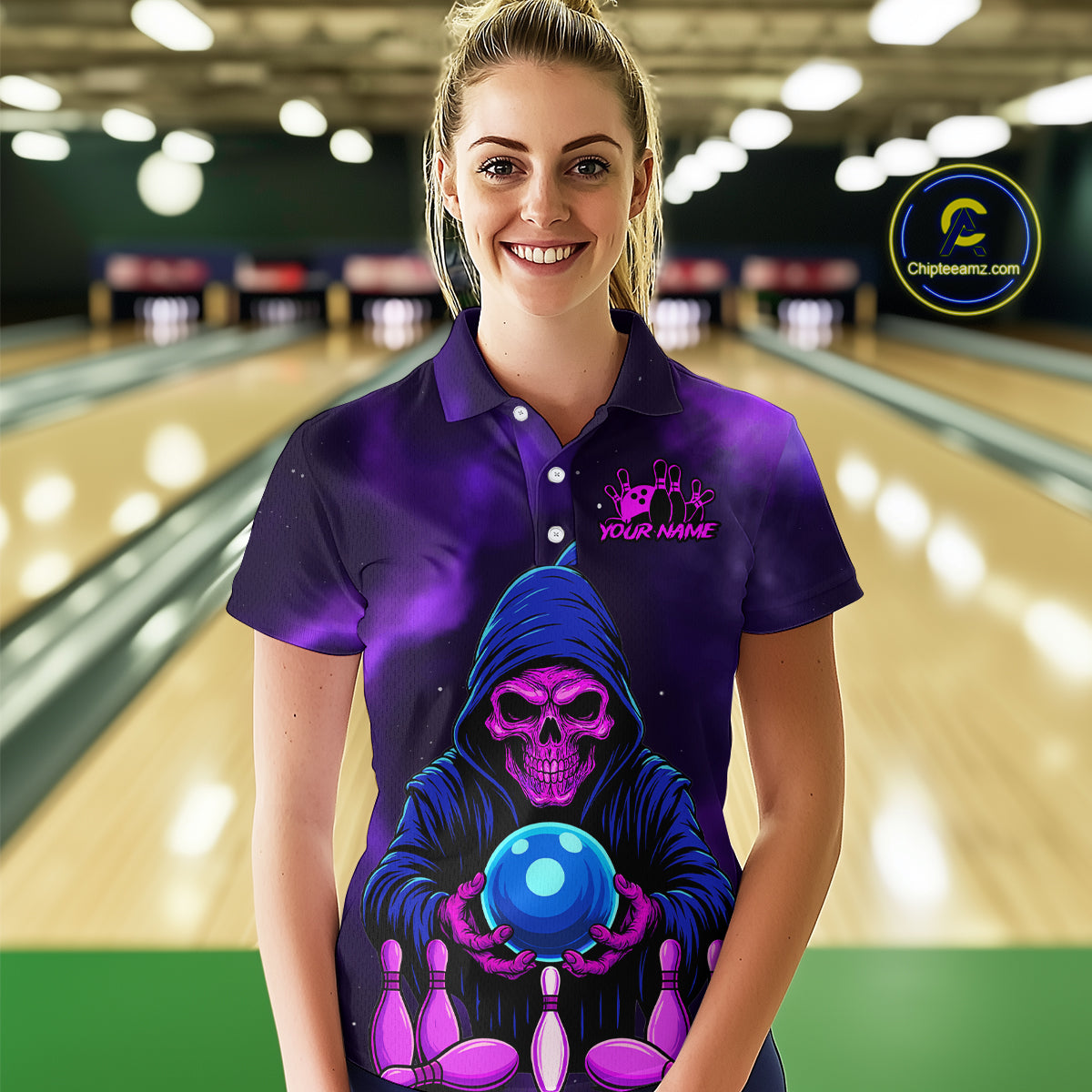 Custom Purple Grim Reaper Bowling Jersey for Women Bowling Team Shirts Polo & 1/4 Zip HNT132
