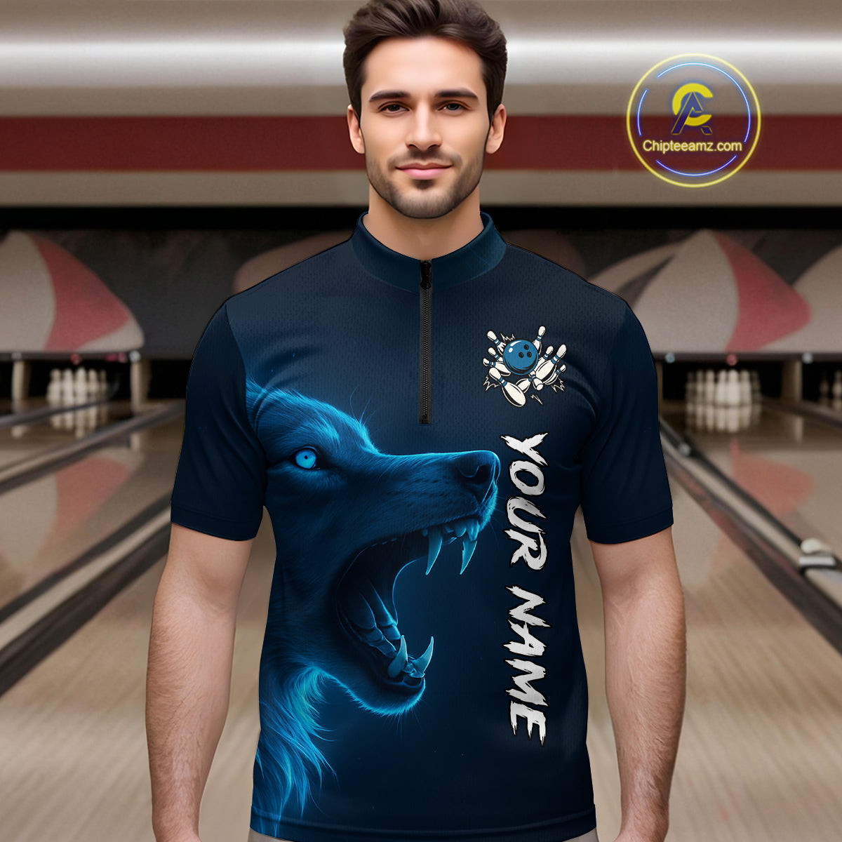 Custom Wolf Bowling Jersey for Men Polo & 1/4 Zip Bowling Team Shirts Bowling League HNT149