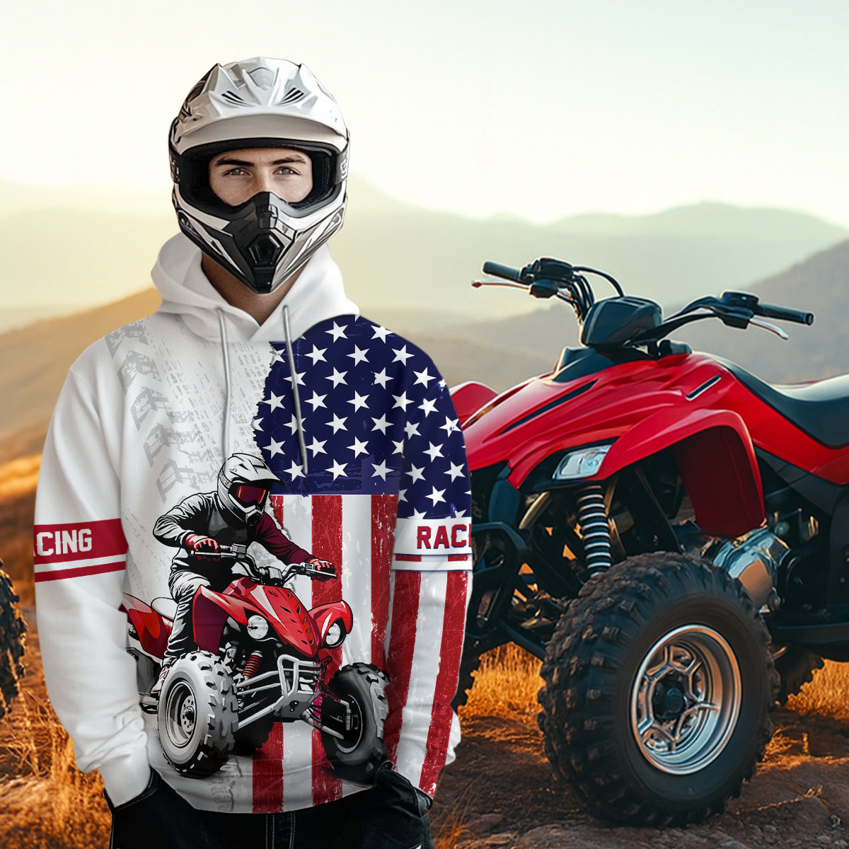 American Flag Quad Bike Hoodie For Adult Youth Kid Atv Motocross Hooded Patriotic Off-Road Quad Shirt NHN005