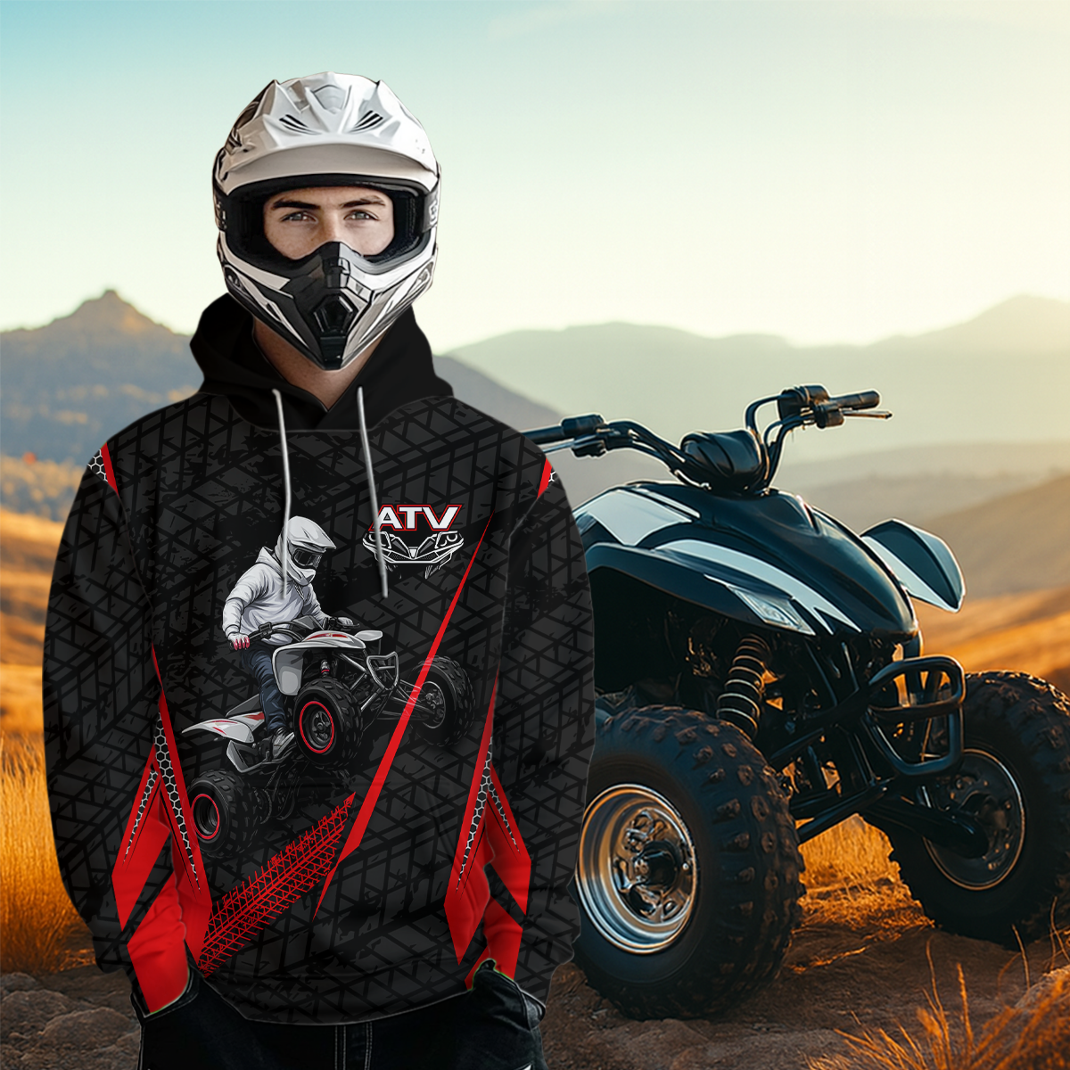 Red Atv Motocross Hoodie For Adult&Kid Upf30+ Pink Quad Bike Shirt Off-Road Atv Mx Racing NHN013