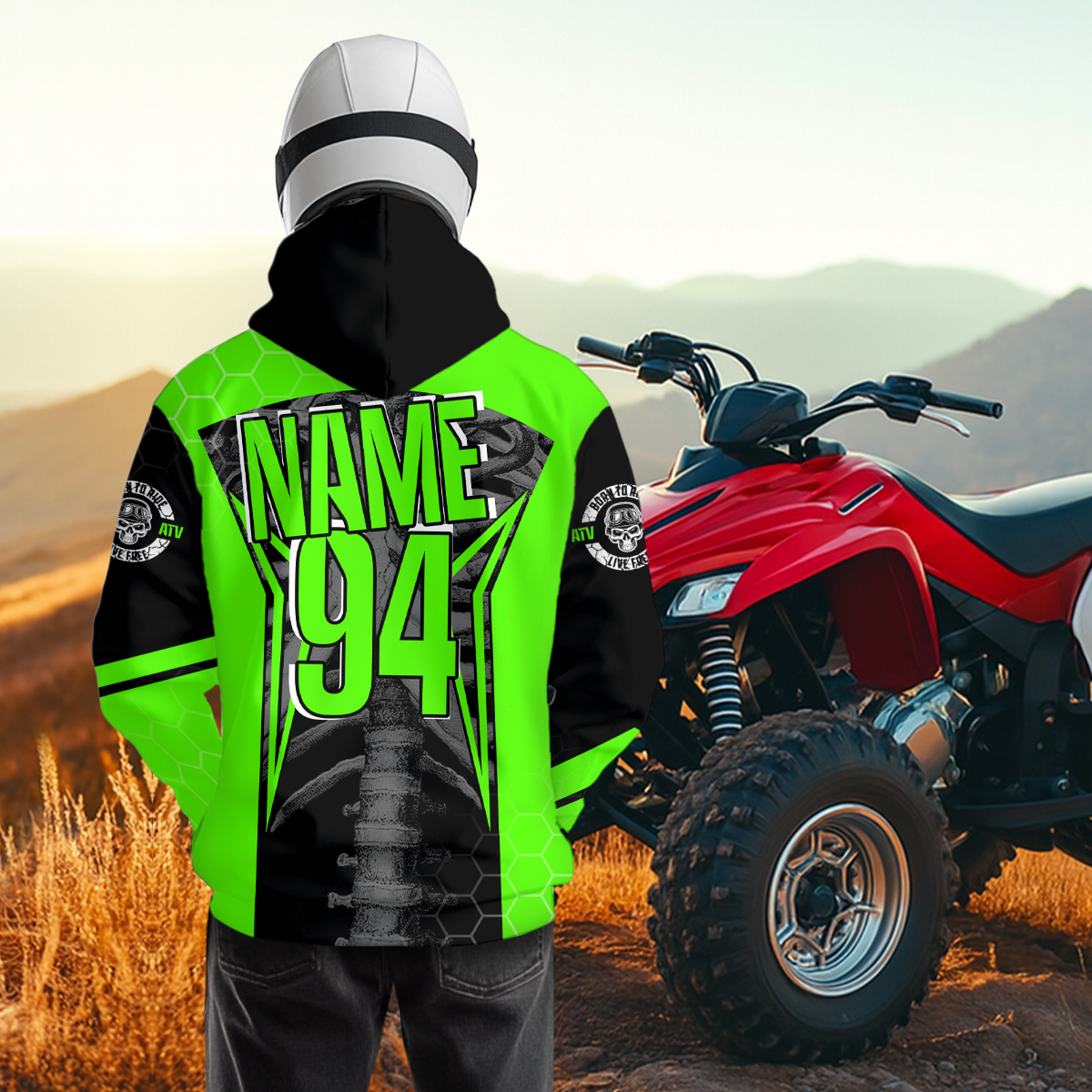 Personalized Green Atv Racing Hoodie Custom Name & Number Quad Bike Rider Motocross Shirt For Men Women  NHN002