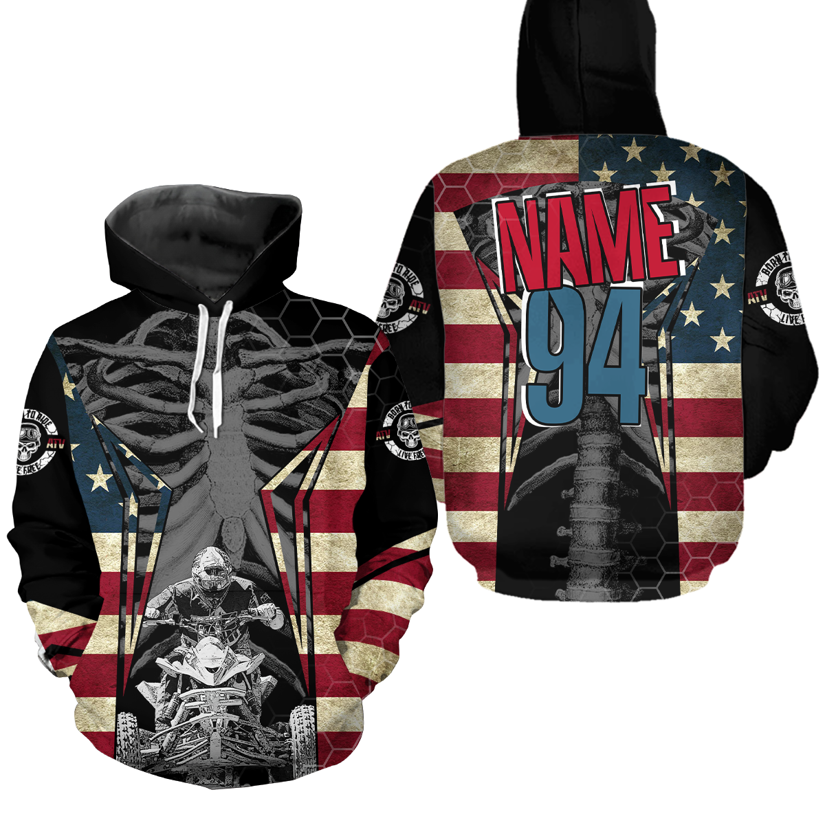 Patriotic Atv Racing Hoodie Custom Name & Number American Flag Quad Bike Rider Motocross Shirt For Men Women  NHN002