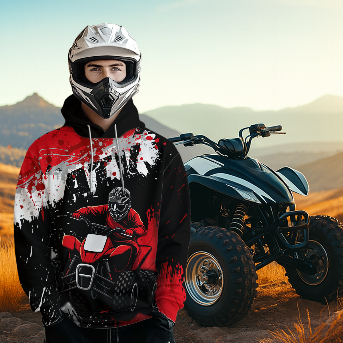 Red ATV Motocross Hoodie Personalized Upf30+ Adult&Kid Quad Bike Shirt Atv Mx Off-Road Extreme NHN003