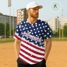 Load image into Gallery viewer, Red And Blue American Flag Baseball Jersey For Men Custom Patriotic Youth Baseball Shirt NYN0859