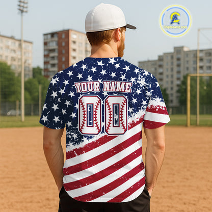 Red And Blue American Flag Baseball Jersey For Men Custom Patriotic Youth Baseball Shirt NYN0859